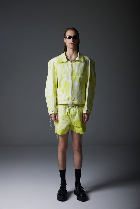 LIME YELLOW LINOLEUM INK PRINTED JEANS SHORTS