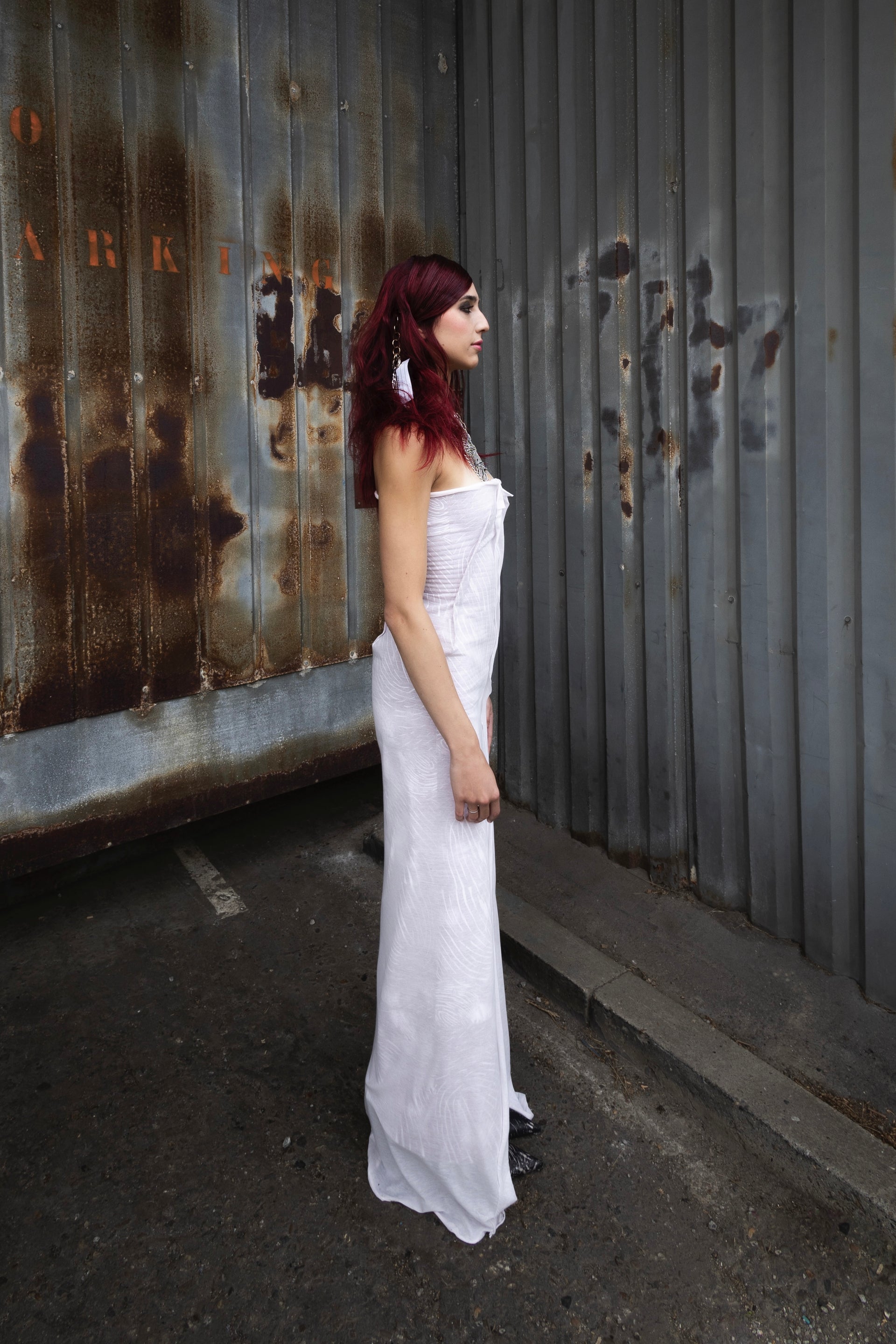SAHARAN FLAME LINOLEUM INK STRAPLESS DRESS