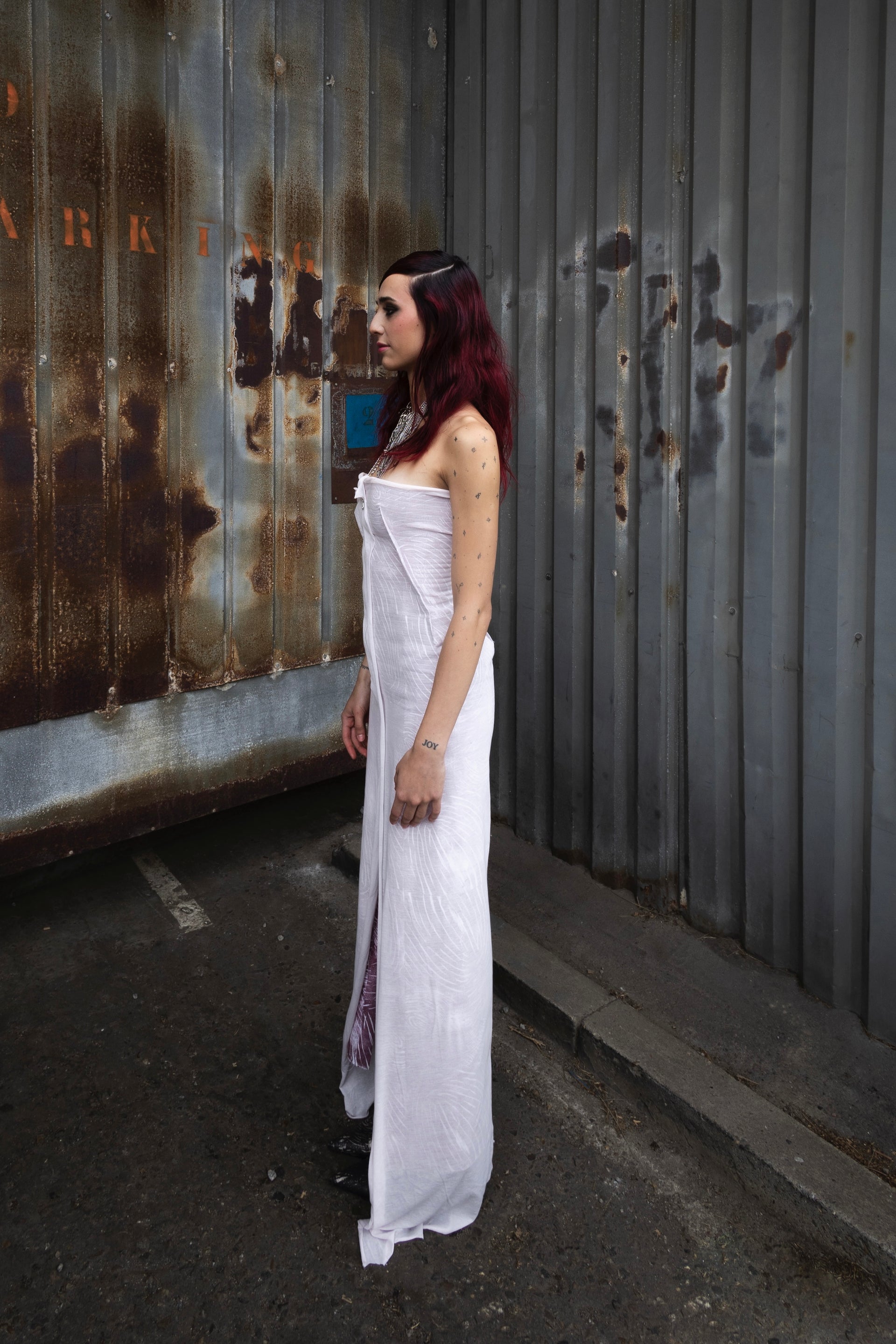 SAHARAN FLAME LINOLEUM INK STRAPLESS DRESS