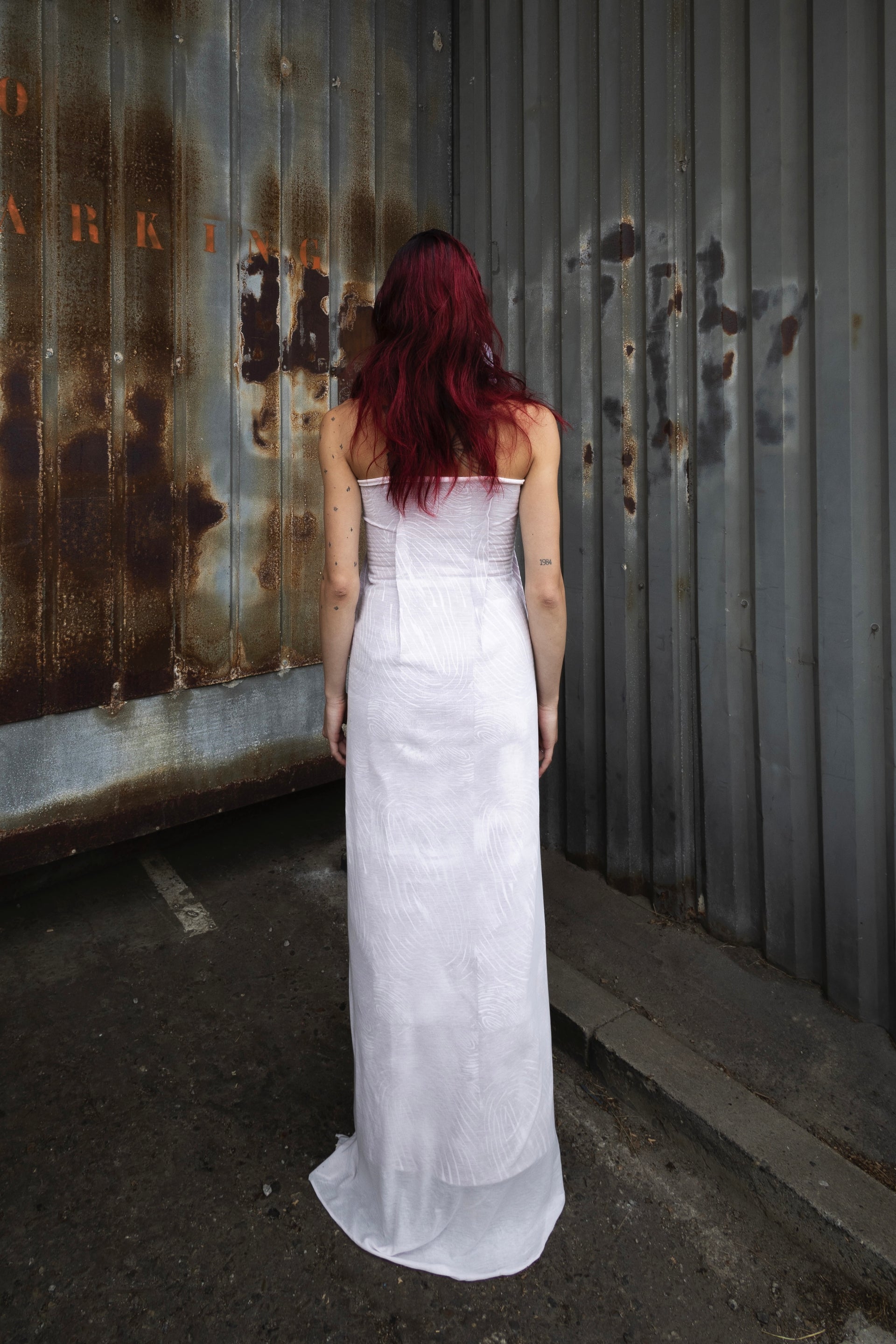 SAHARAN FLAME LINOLEUM INK STRAPLESS DRESS