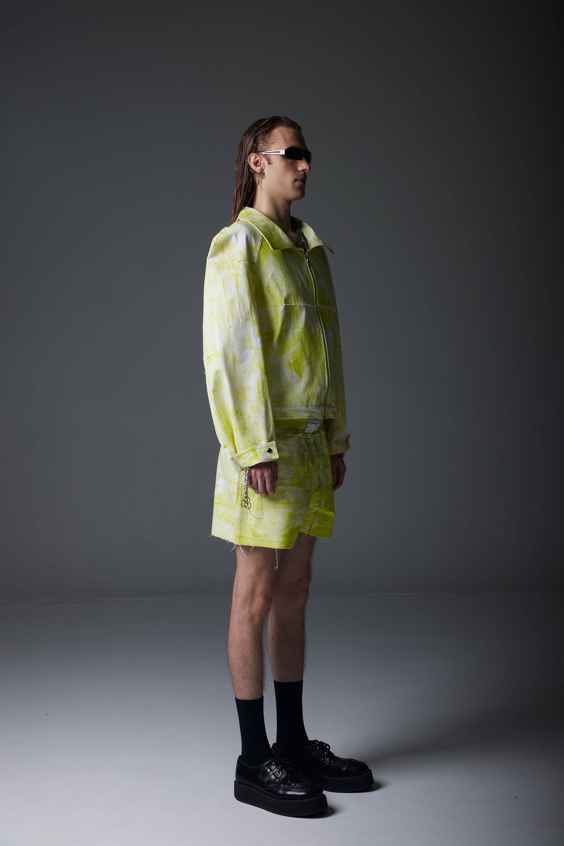 LIME YELLOW LINOLEUM INK PRINTED JEANS JACKET