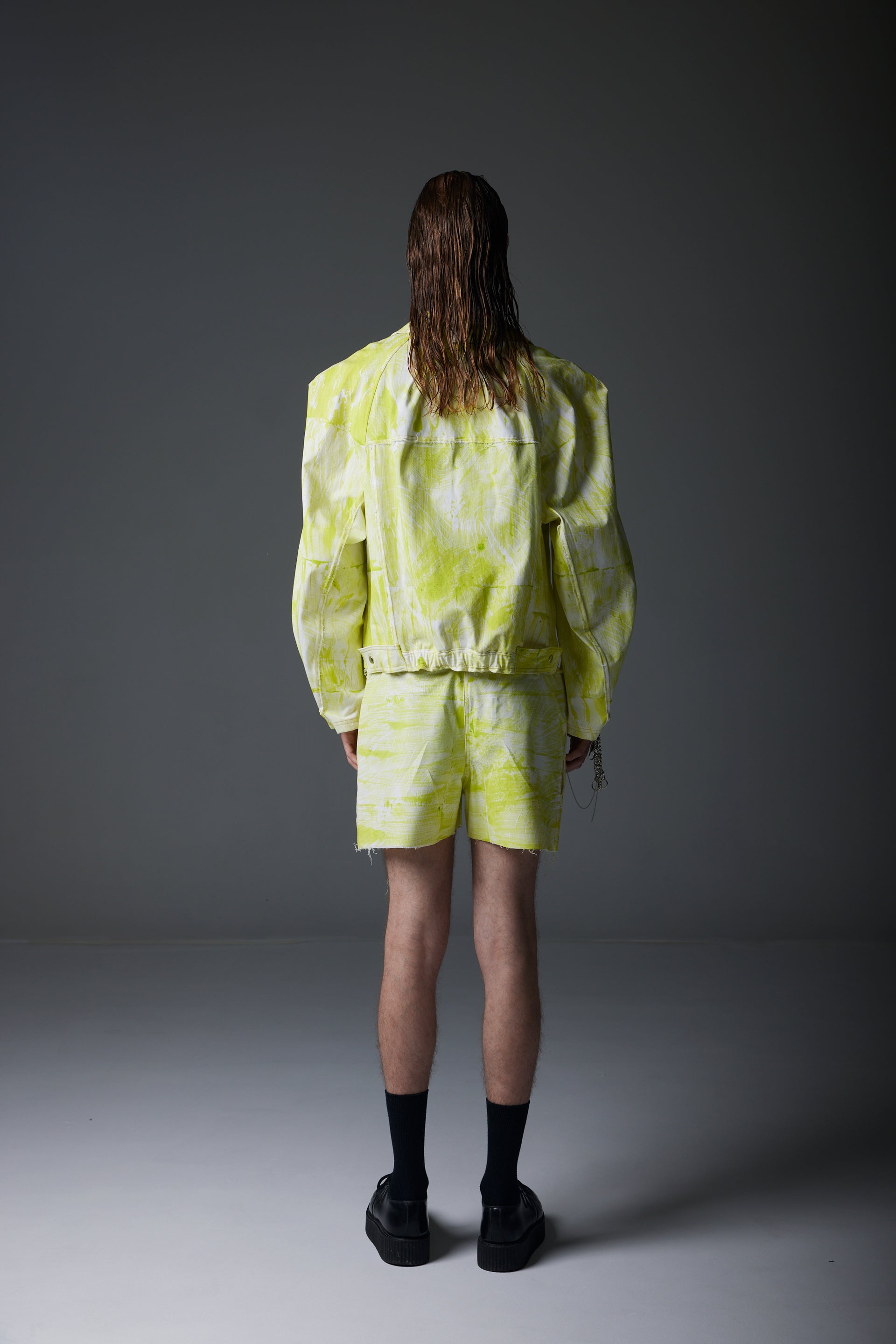 LIME YELLOW LINOLEUM INK PRINTED JEANS JACKET